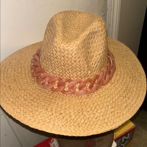 Stylish Tan Straw Hat with Pink Chain Accent
